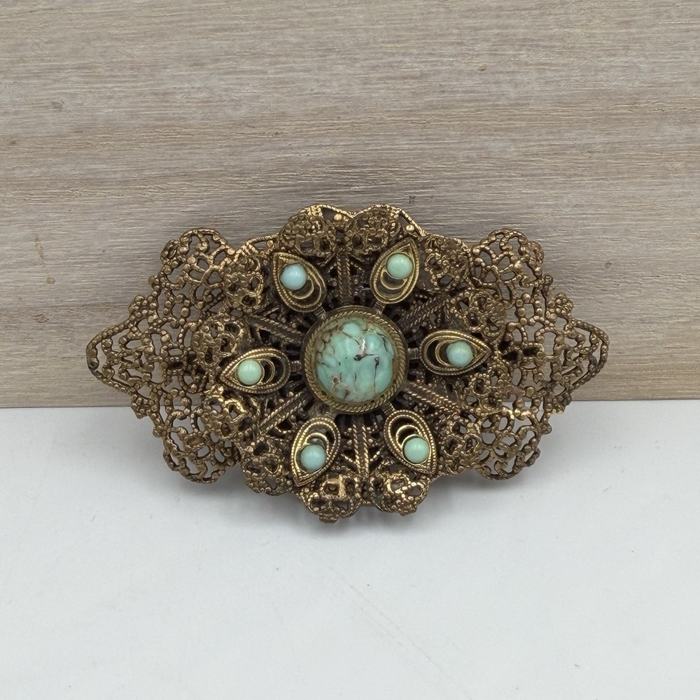 Vtg Brass Gold Tone Filigree Bow Tie Brooch / Pin Gilt Turquoise Stone Accent